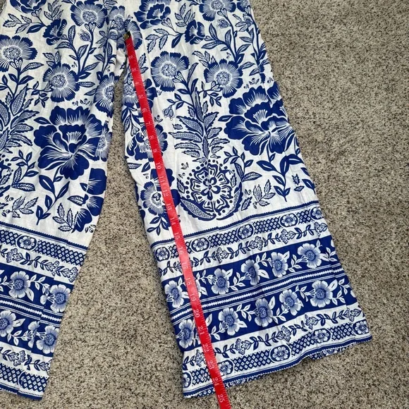 Rachel Zoe Linen Blend Wide Leg Flowy Floral Pants Blue & White Size S Beach - Picture 12 of 13